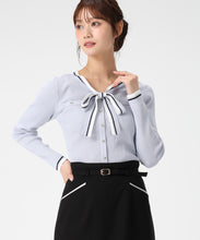 画像をギャラリービューアに読み込む, マルチ配色ボウタイリブニット/MM618305 (ブルー)