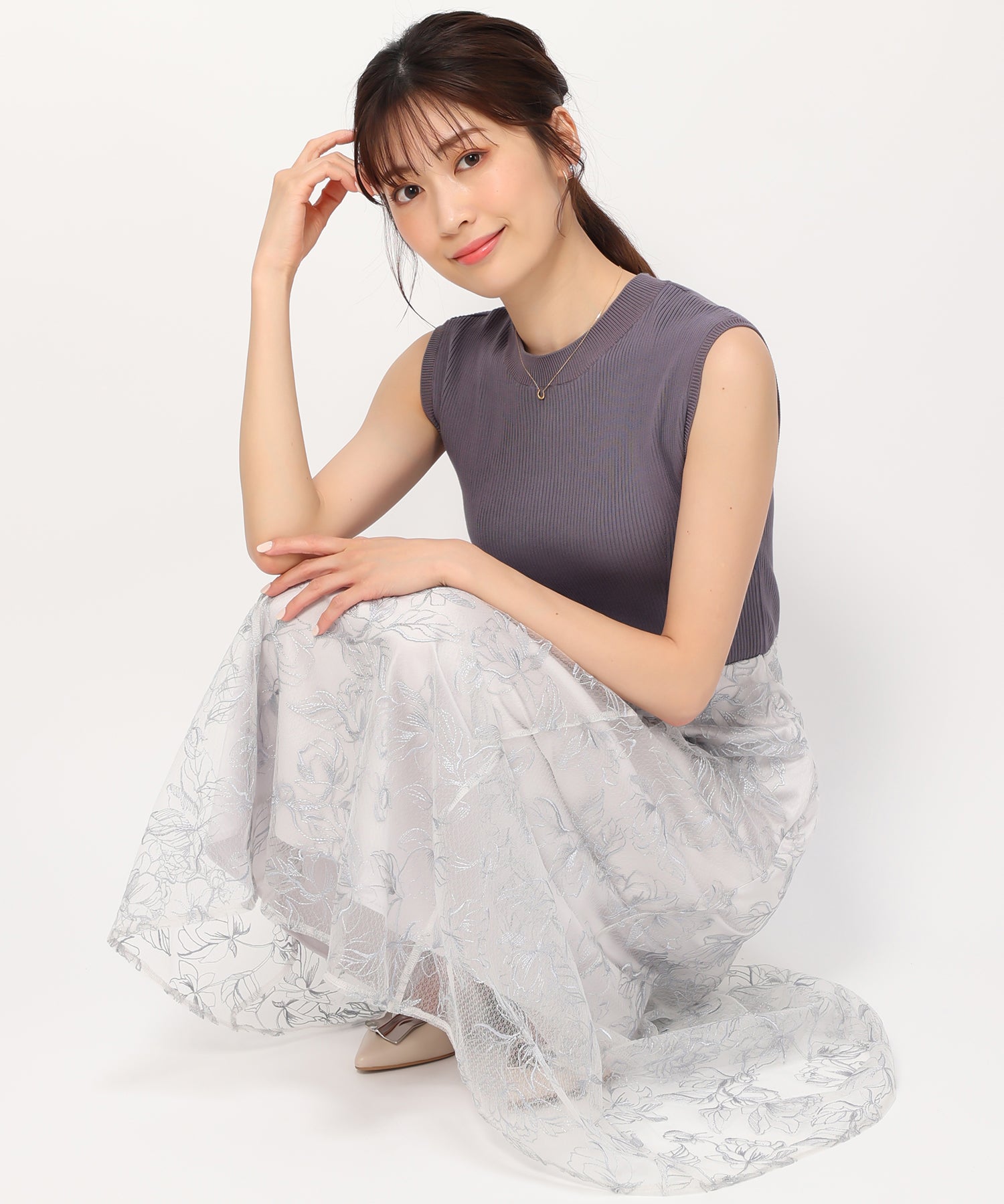 シビラ ニット ドッキングワンピース フレア グレー 半袖 M ストレッチ 配色レースニットドッキングワンピース/MM437402 – MISCH MASCH