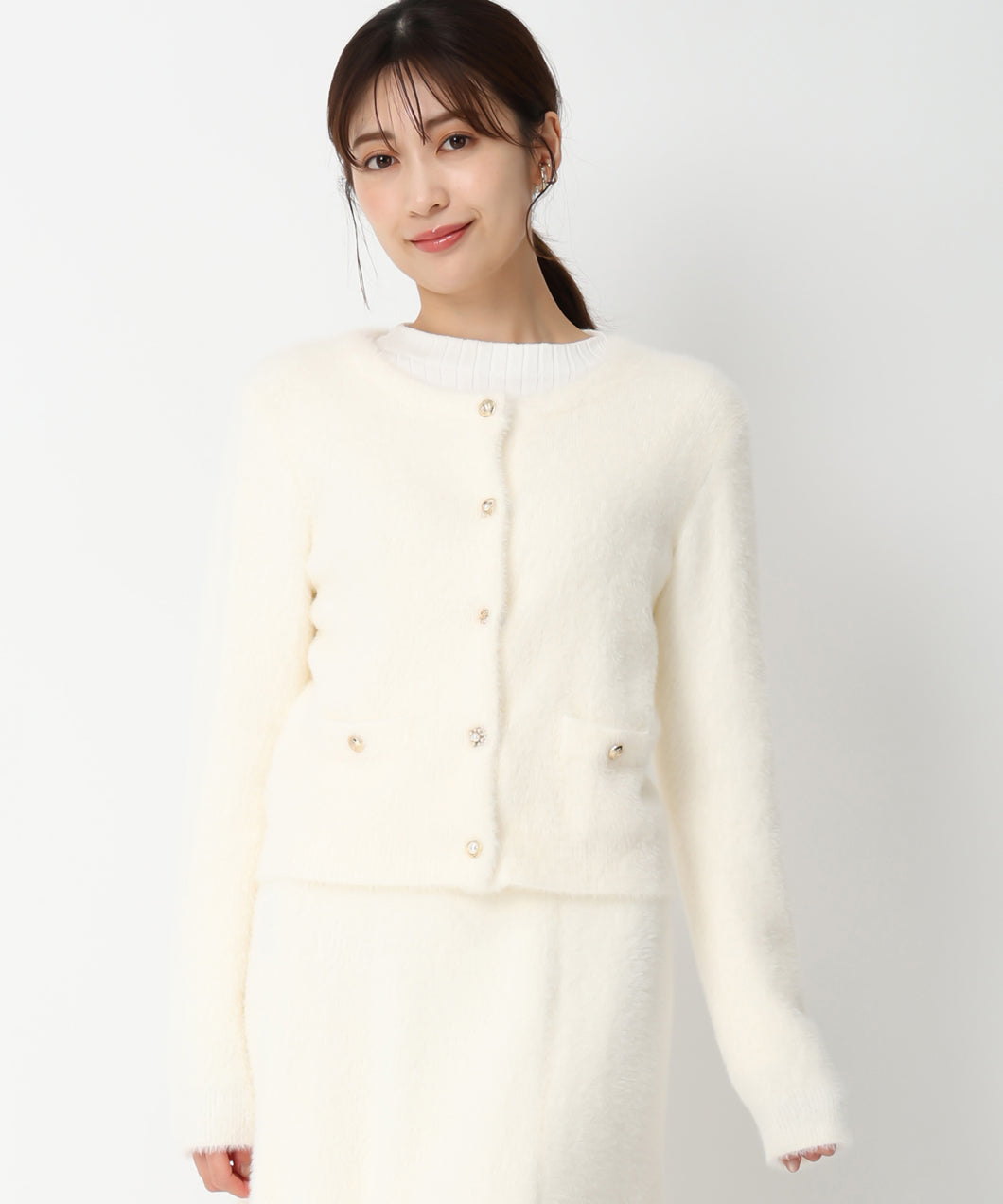 シャギー金釦カーディガン/MM448401 (ホワイト)