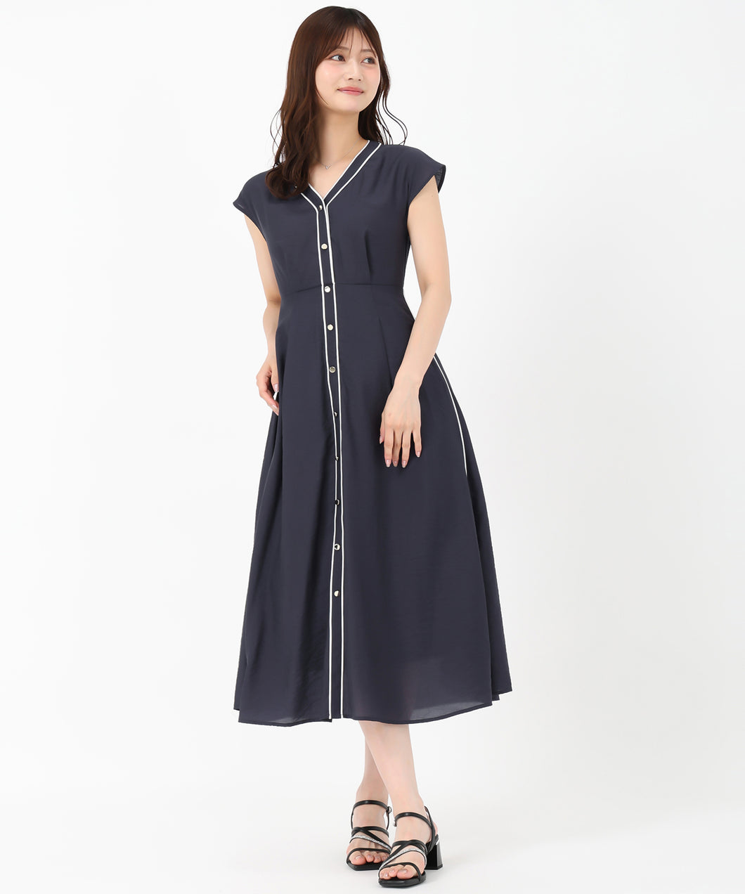 配色パイピングフレンチワンピース/MM527424 (ネイビー)