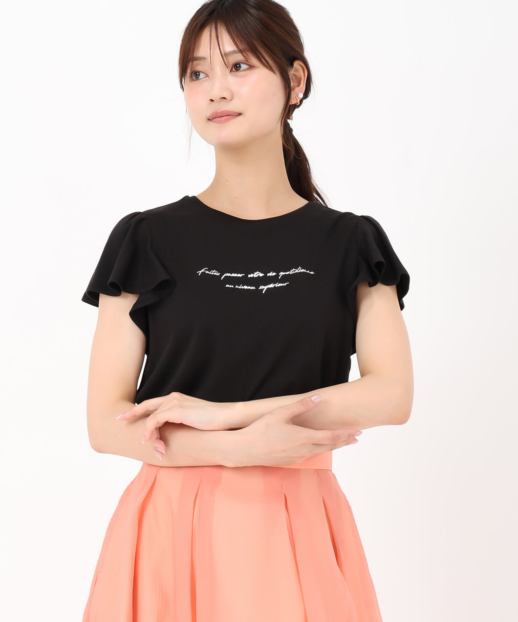 箔プリントフレア袖Tシャツ/MM528203 (ブラック)