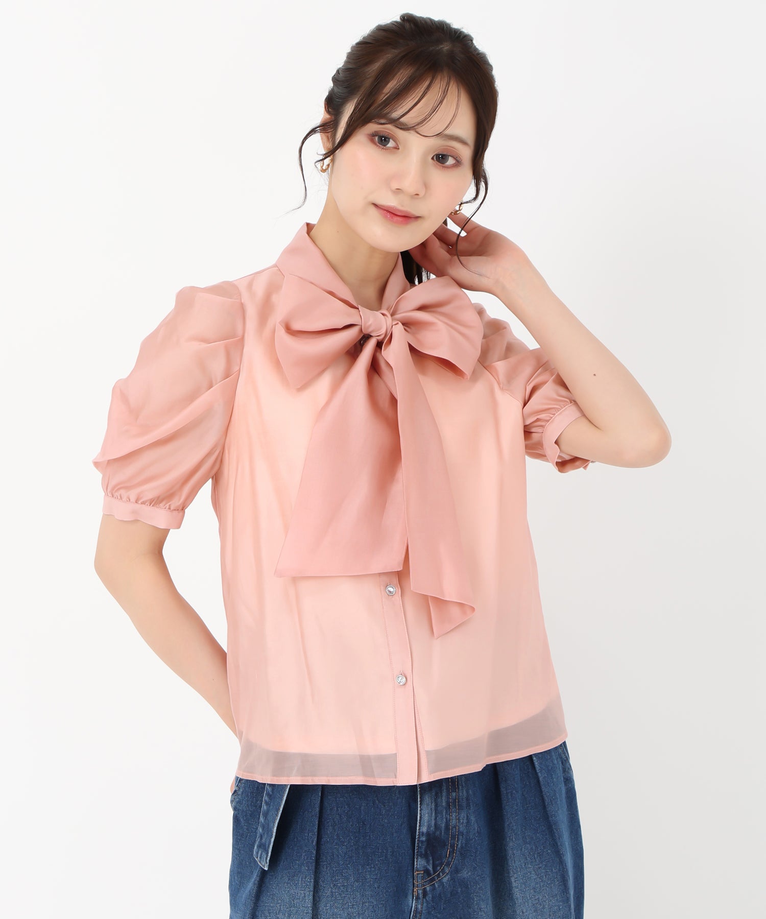 未使用級✨マックスマーラシアーボウタイブラウス星柄ピンク絹インナー付き