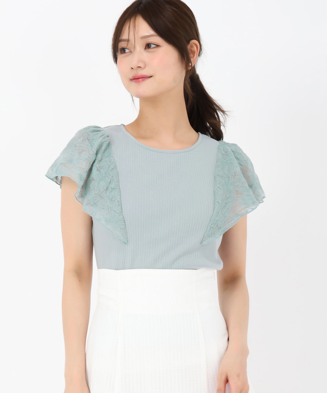 【WEB先行予約/6月下旬発売予定】レースフリル袖リブカットトップス/MM528208 (ライトグリーン)