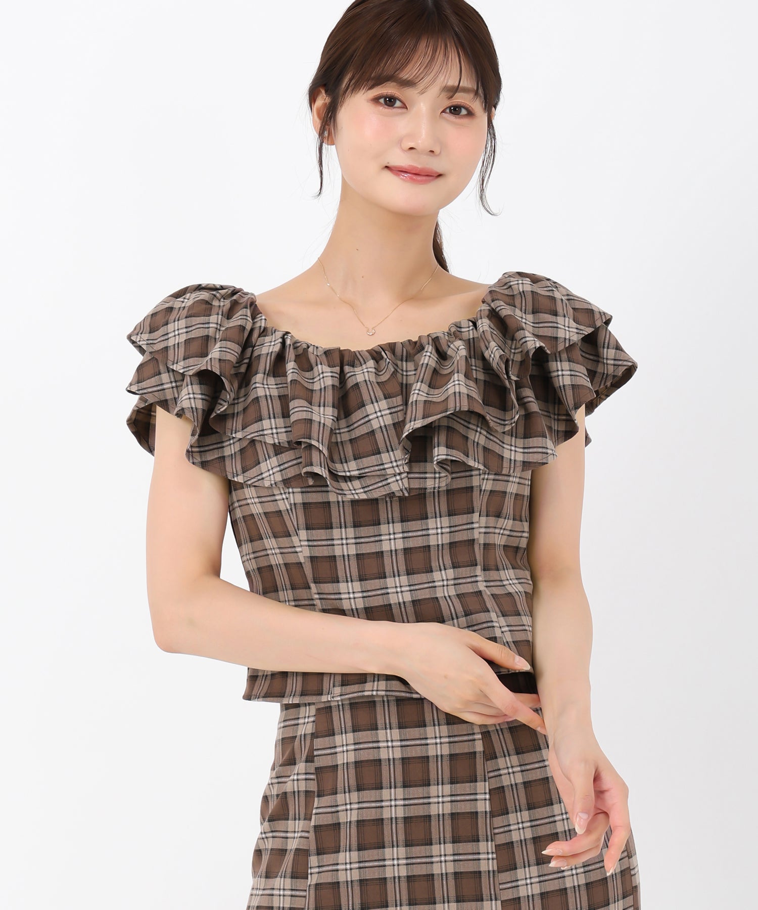 Meltie トップス ブラウス　チェック WEB限定予約販売/8月中旬発売予定】フリルショルダーチェック