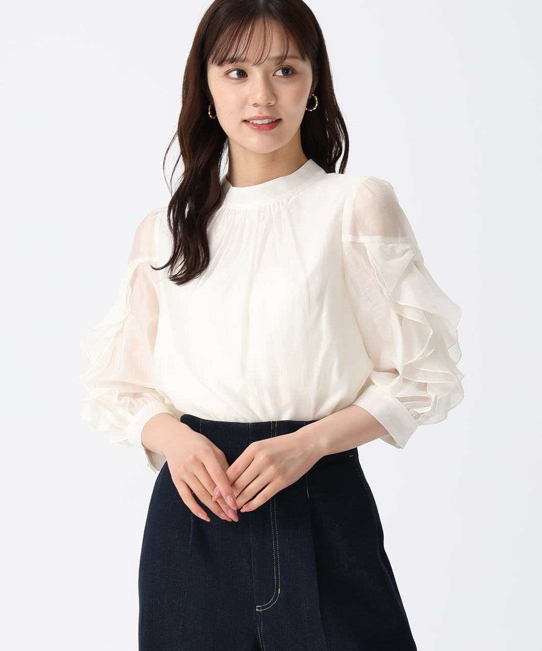 ラッフルリボンスタンドカラーブラウス/TT538101 (ホワイト)