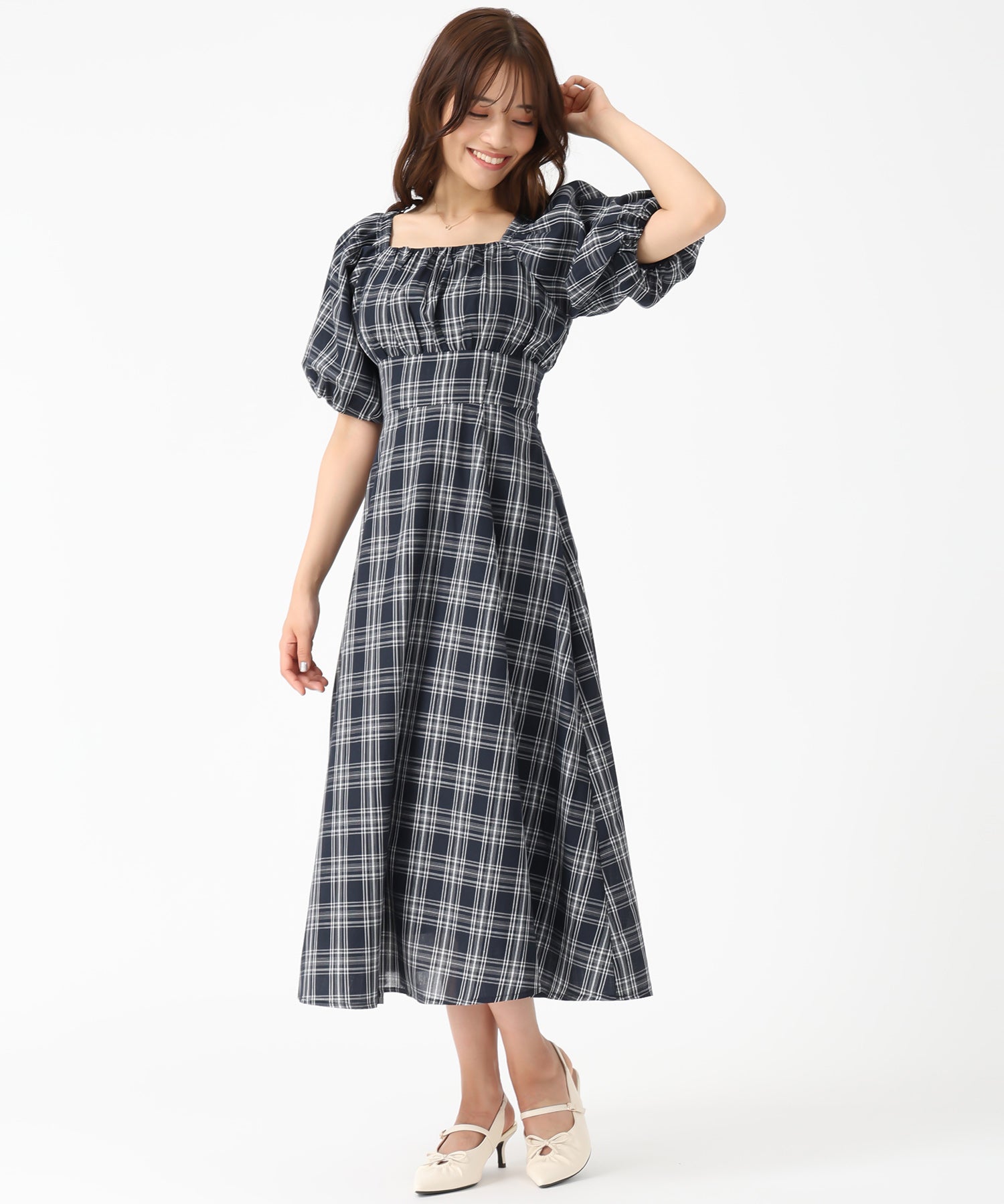 一部店舗限定 2wayオフショルチェックフレアワンピース/MM557410