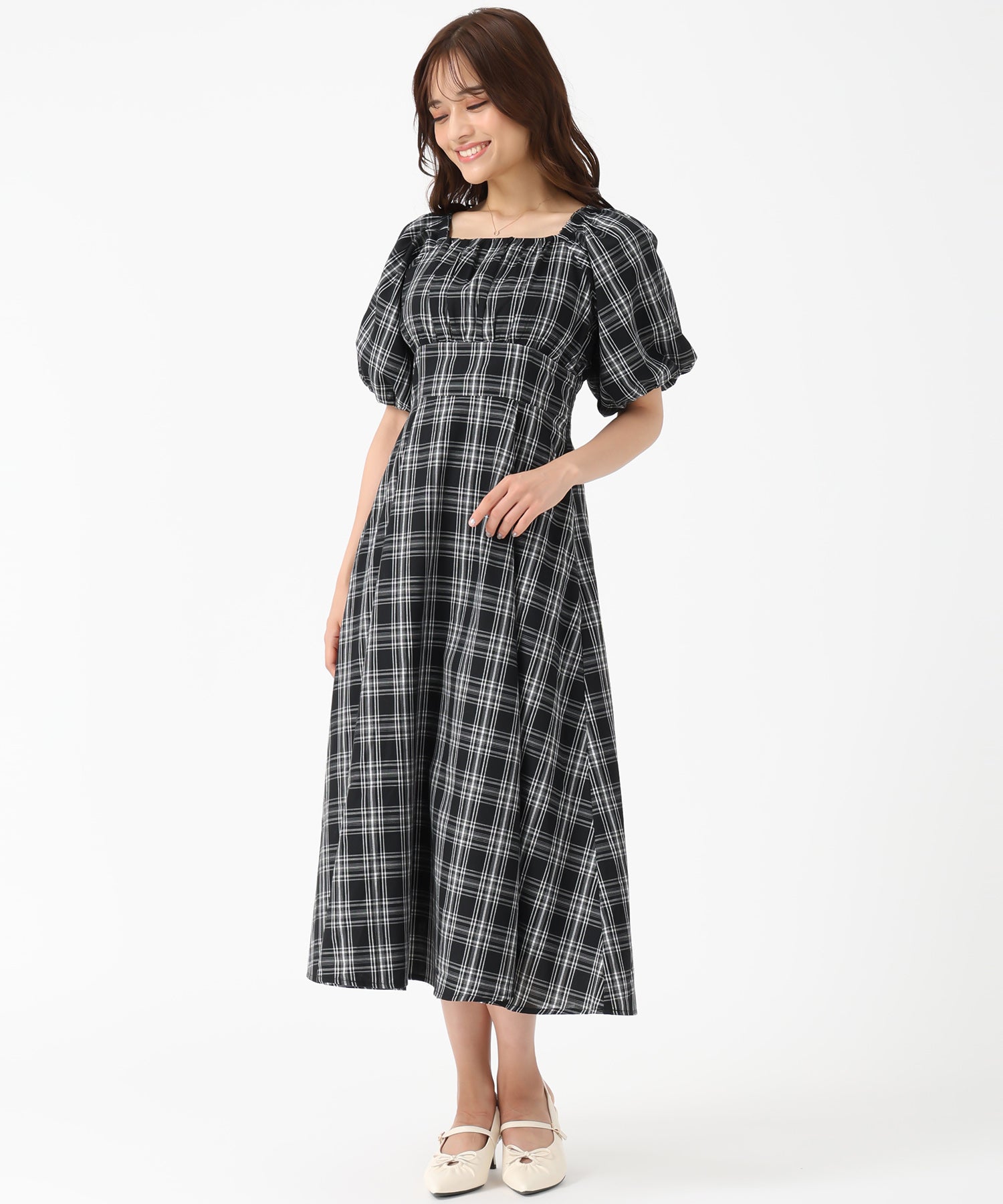 一部店舗限定 2wayオフショルチェックフレアワンピース/MM557410