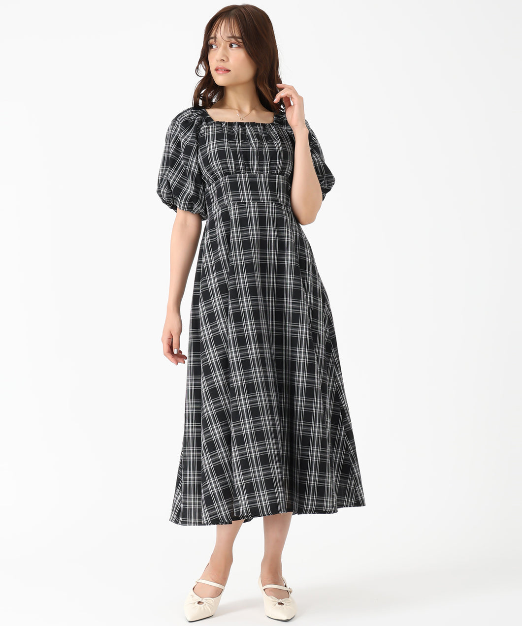 2wayオフショルチェックフレアワンピース/MM557410 (ブラック)