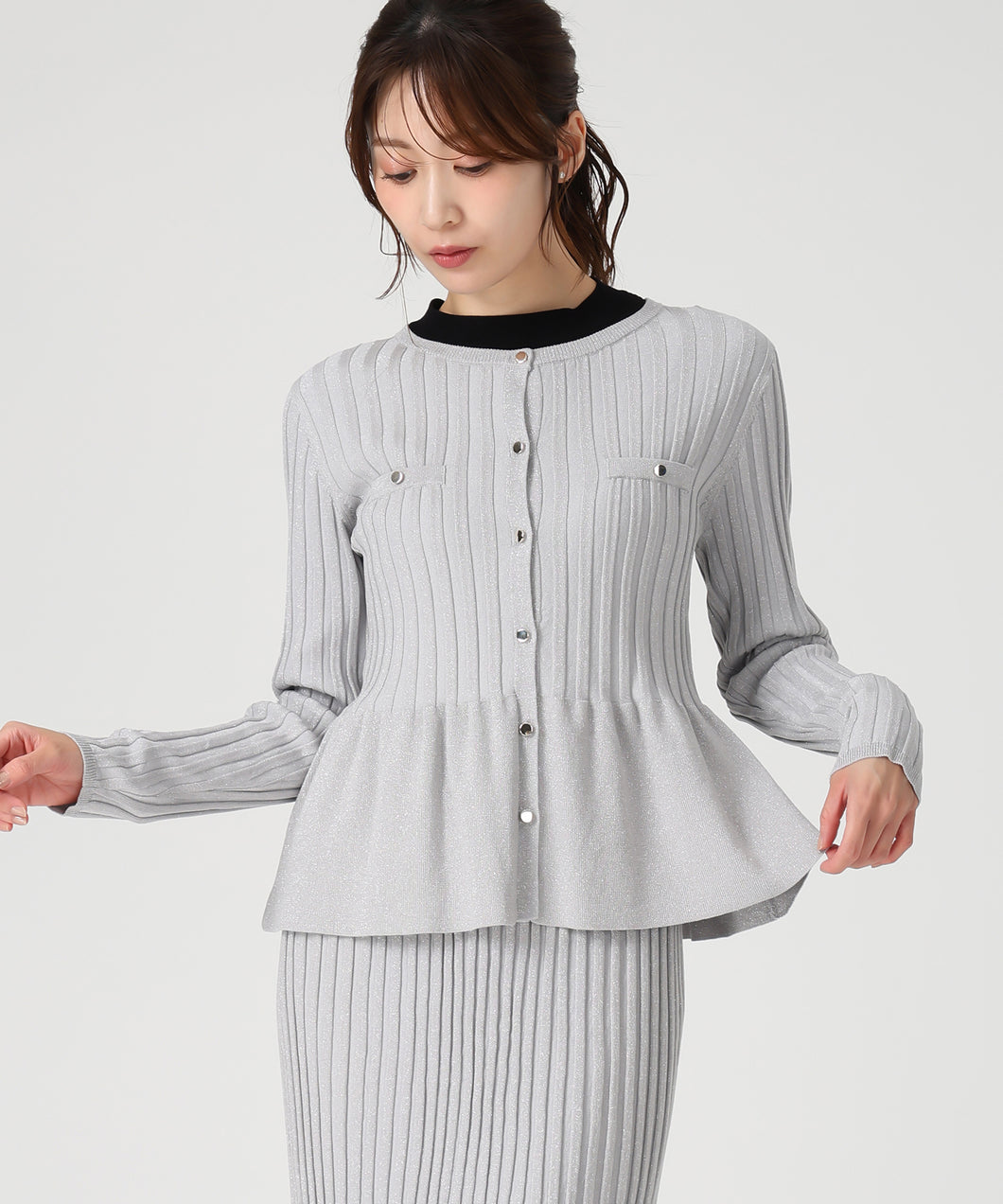 ワイドリブ配色ペプラムカーディガン/MM548405 (グレー)