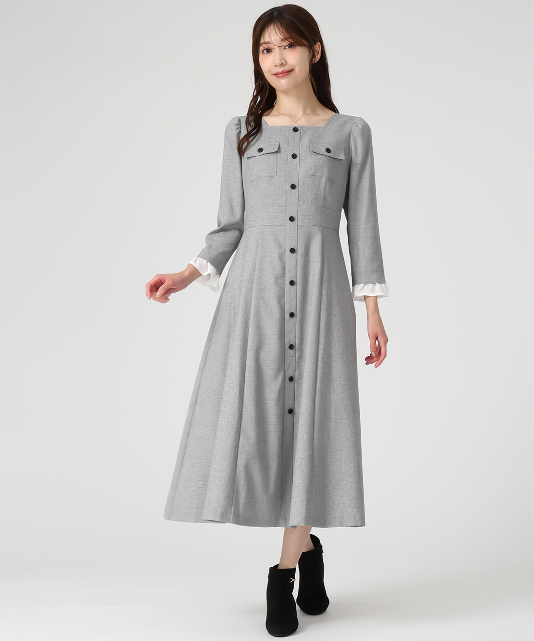 フロント釦ツイード風フレアワンピース/MM547402 (ライトグレー)