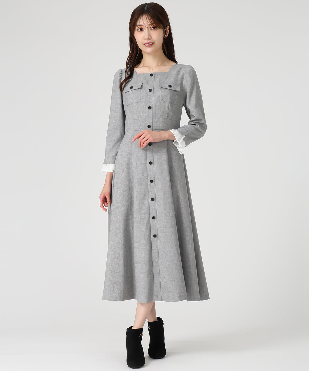 フロント釦ツイード風フレアワンピース/MM547402