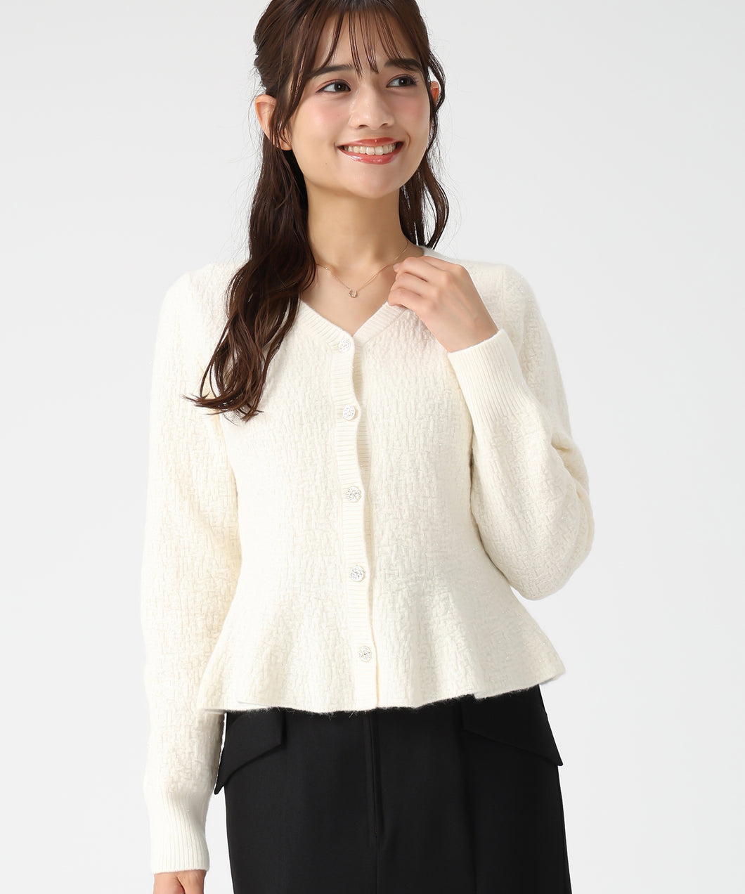 ぽこぽこVネックペプラムラメカーディガン/MM548409 (アイボリー)