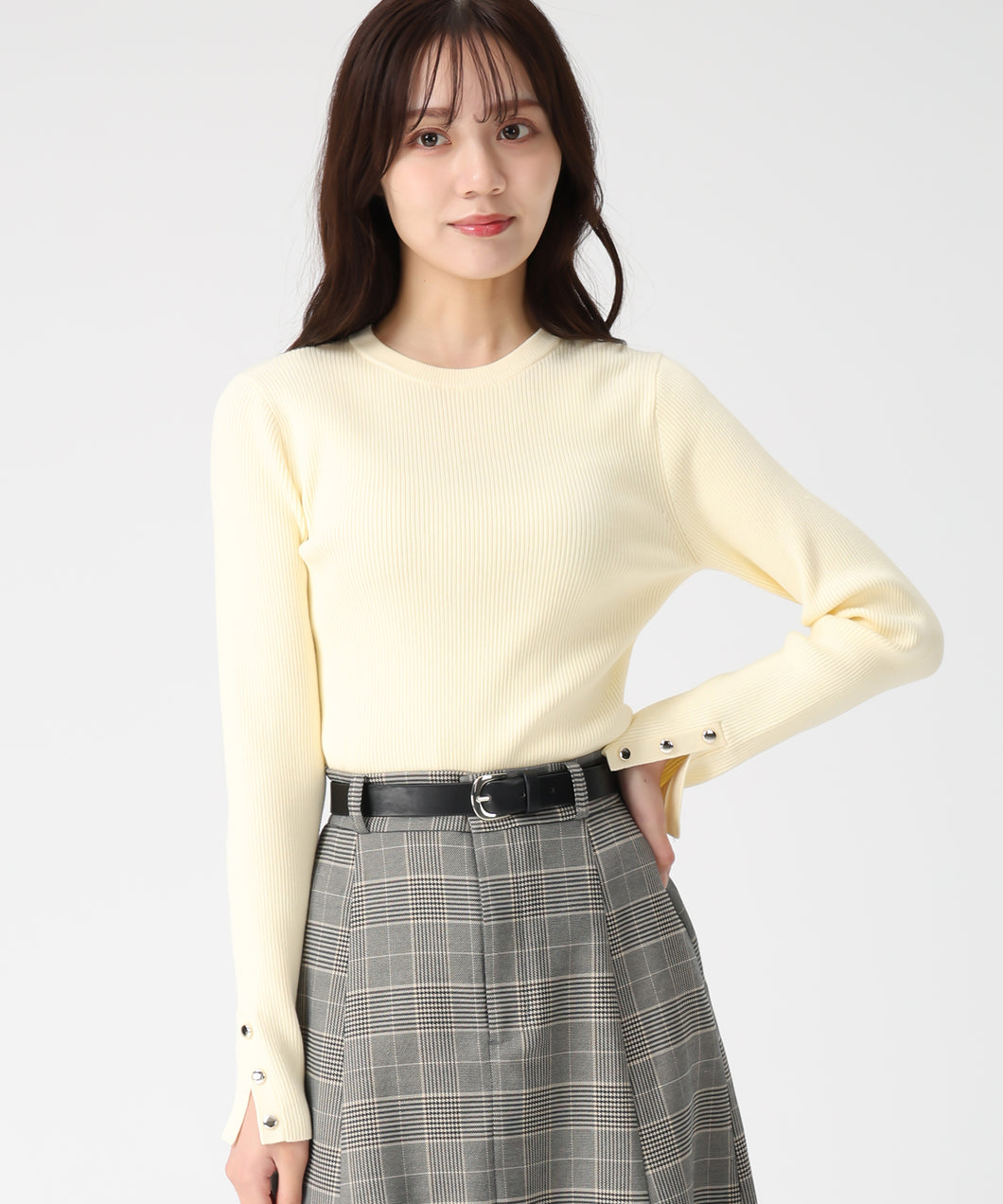 袖スリットボタンリブニット/TT548311 (イエロー)