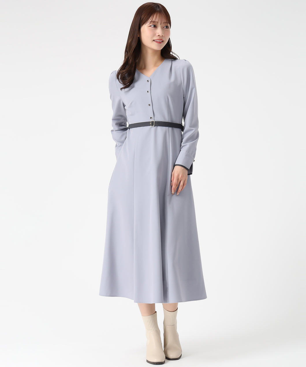 ベルト配色Aラインワンピース/MM547422 (ブルー)