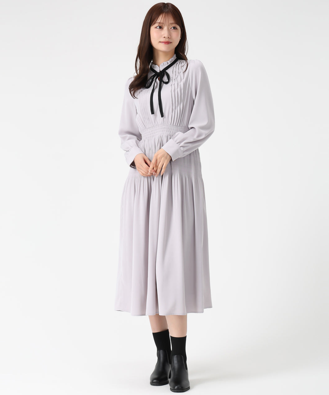 配色リボンプリーツシフォンワンピース/MM547423 (ブルー)