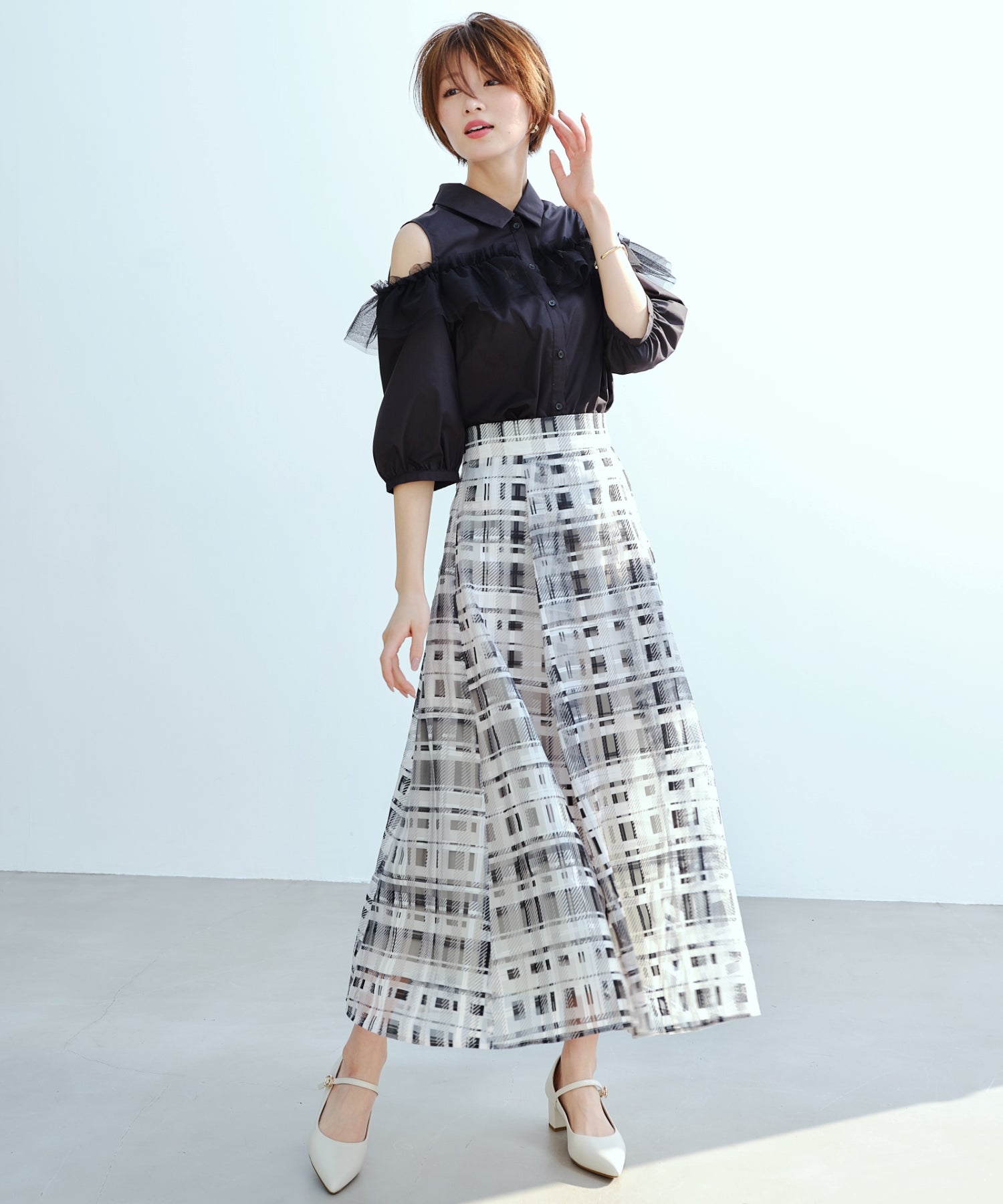 ❤︎新品❤︎MoNiLEメッシュチェック柄フレアスカート　ベージュ シアーチェックフレアスカート/MM517217 – MISCH MASCH|31 Sons