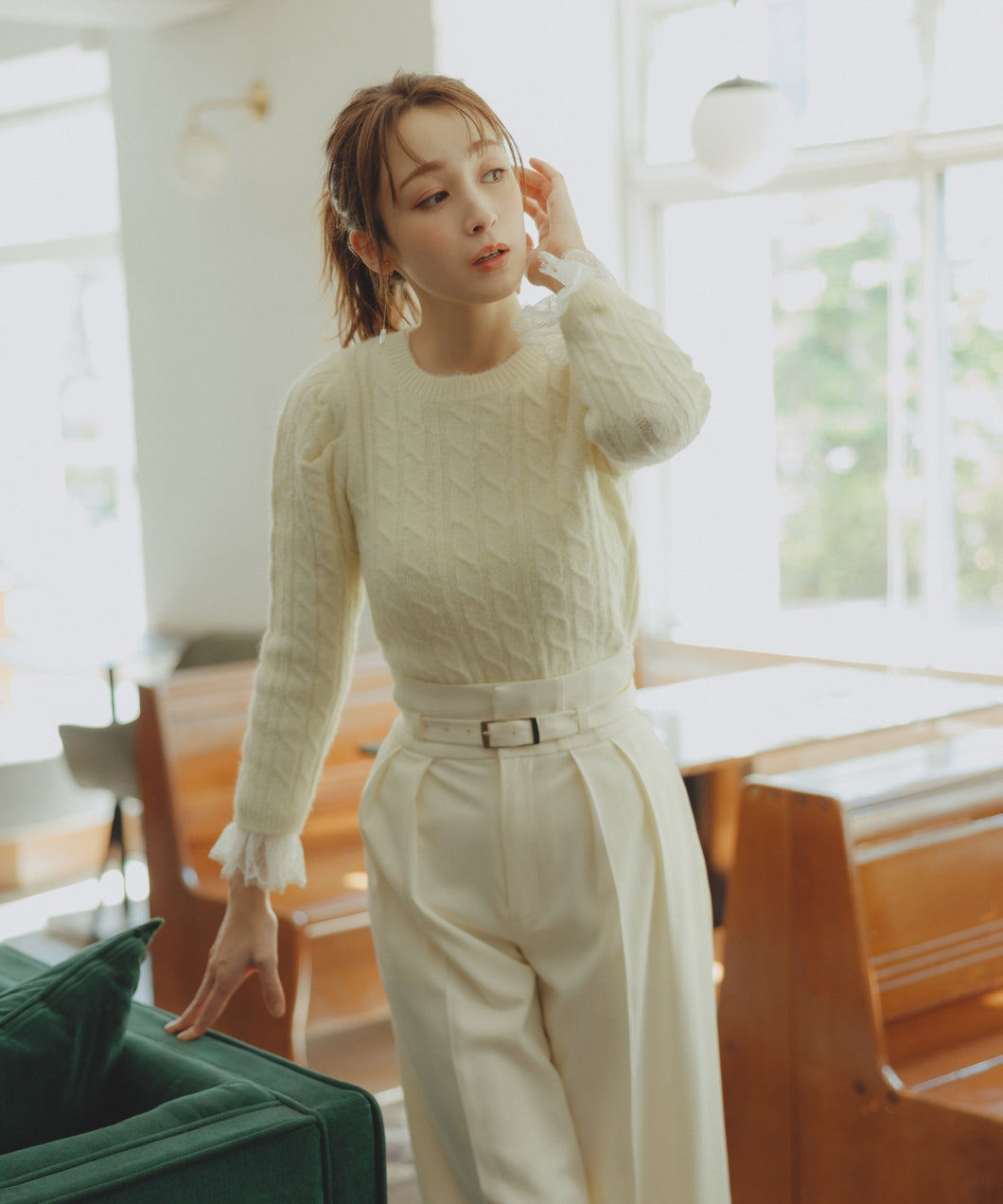 レース袖ふわふわケーブルニット/TT548305