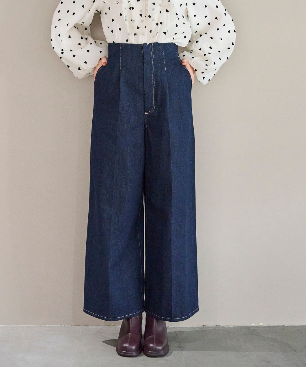 バックレースアップワイドデニムパンツ/TT537301