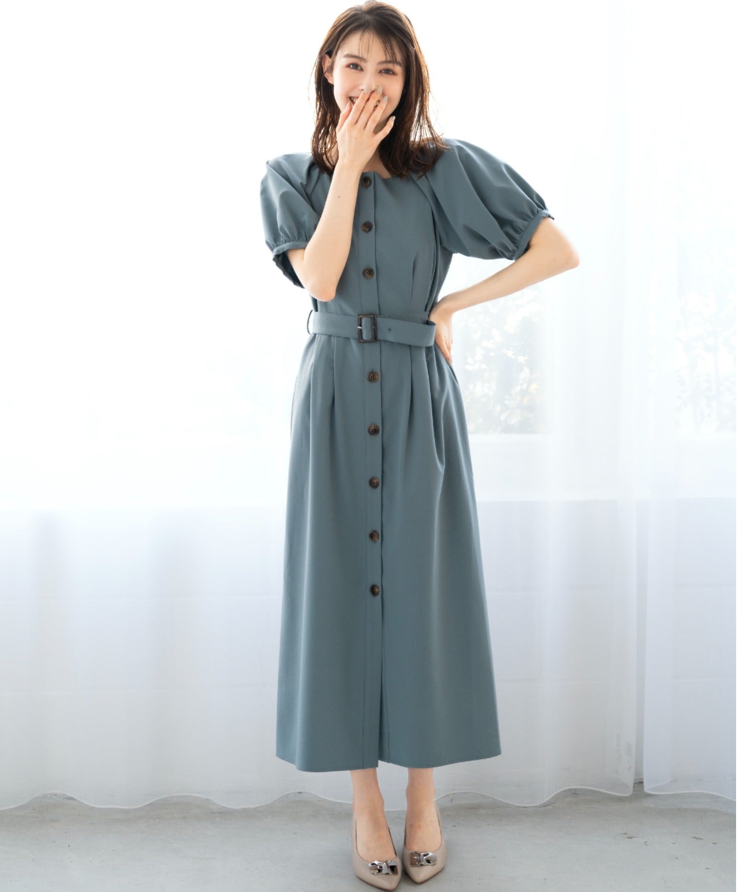 【2色】☆チェーン付き☆ワンピース ミモレ パフスリーブ ボタン パフスリーブフロントボタンワンピース/MM417421 – MISCH MASCH