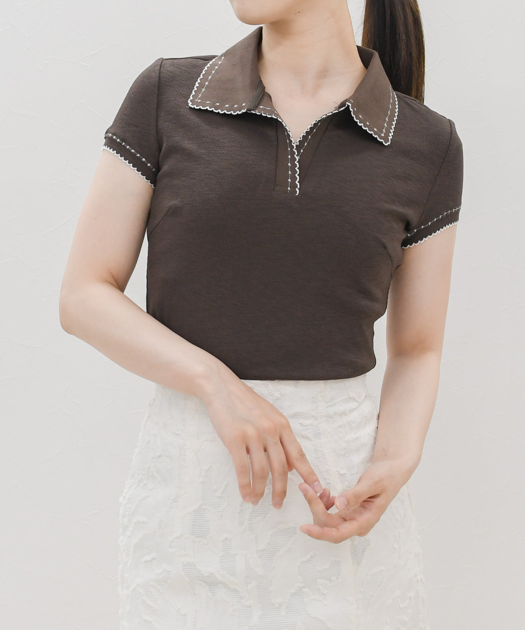 Marque de BRODEUSESマルクドプロデュー麻100%長袖カットソー 一部店舗限定】配色ステッチポロニット半袖トップス/MM658214 – MISCH
