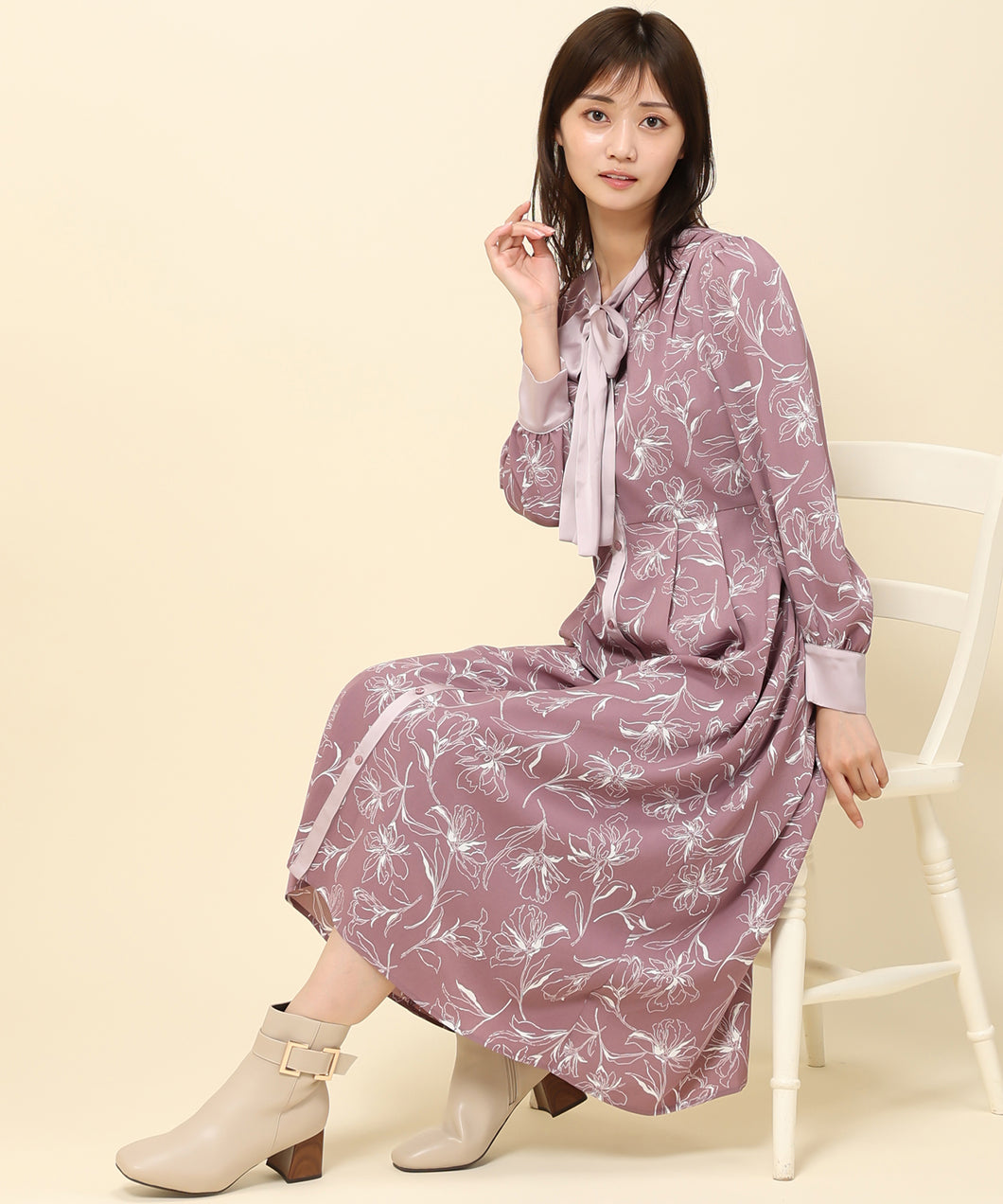 予約販売商品】バイカラーボウタイフラワーワンピース/MM337423