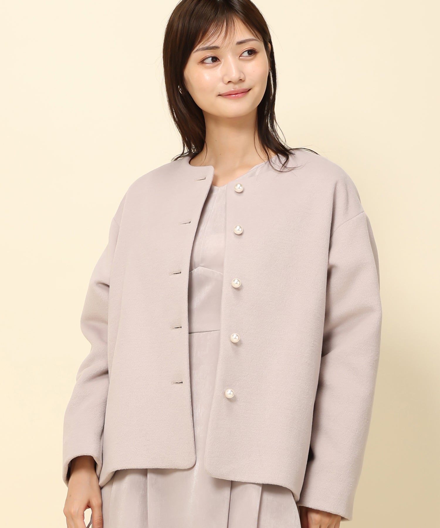 試着のみ　極美品　machatt ウール　ノーカラージャケット ウールシルクピンドット ノーカラージャケット(71112401-2024