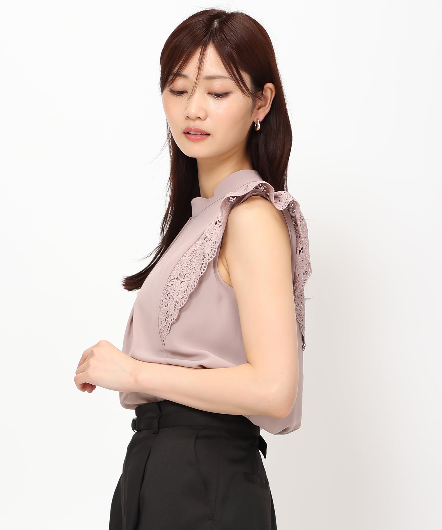 【美品】Haricot Rouge シルク混レース袖ブラウス セール】バルーン袖スカラップ刺繍レースチュニック（シャツ