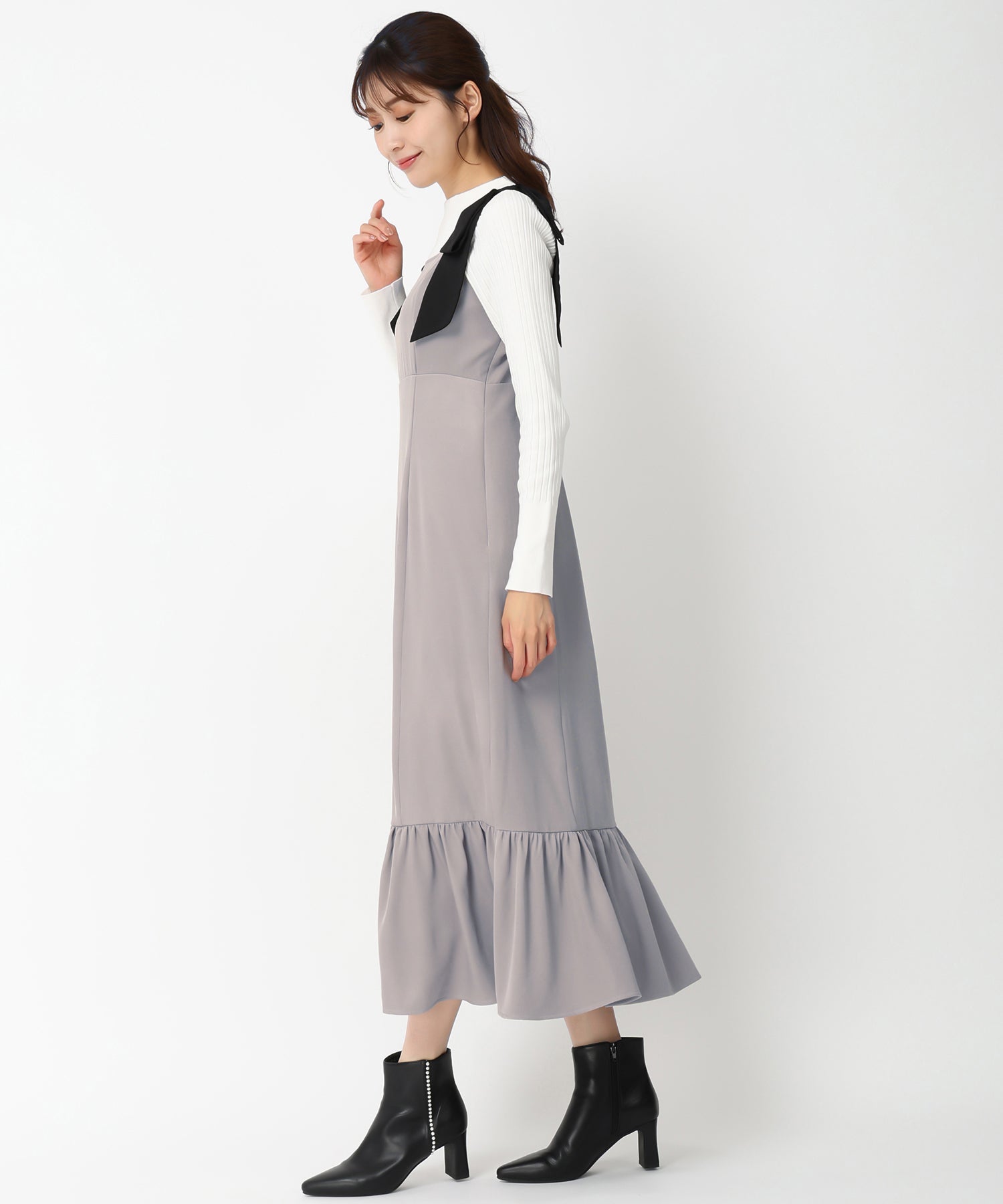 【morphose】肩リボン シャーリングJSK metamorphose】肩リボン シャーリングJSK