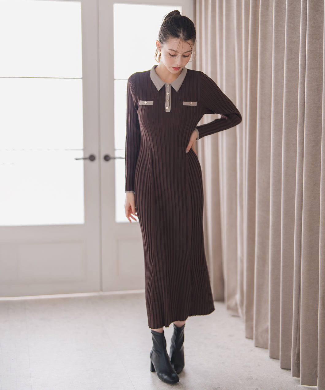 配色ポロ衿ワイドリブニットワンピース/MM547412