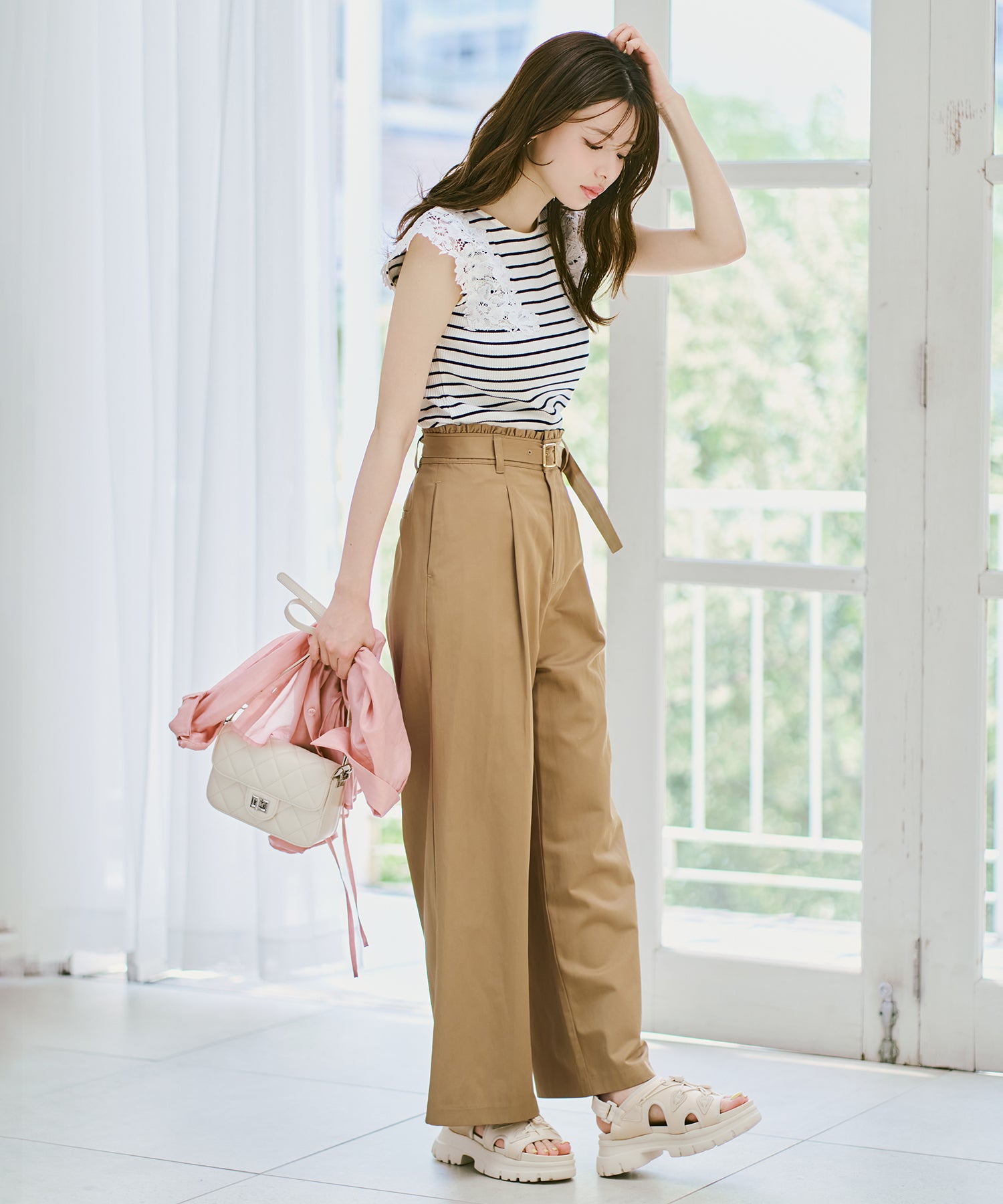 LOEWE ベージュ プリーツ タックワイド チノパンツ ウエストフリルチノタックワイドパンツ/MM627302 – MISCH MASCH|31