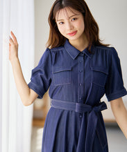 画像をギャラリービューアに読み込む, ステッチ配色パフスリーブシャツワンピース/MM627425
