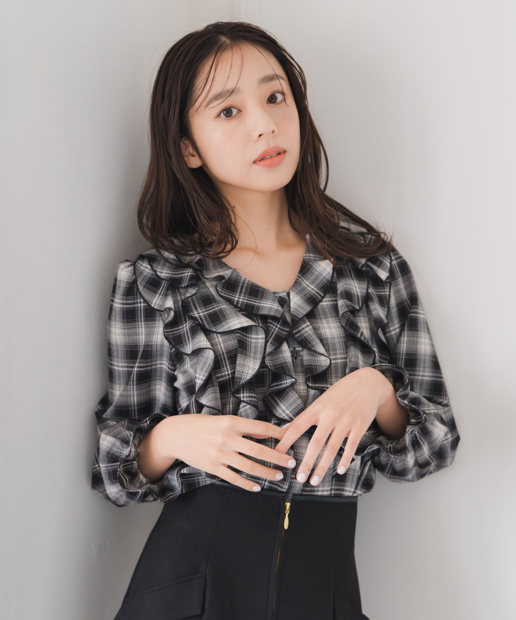 チェック柄フリルレイヤードブラウス/MM548106