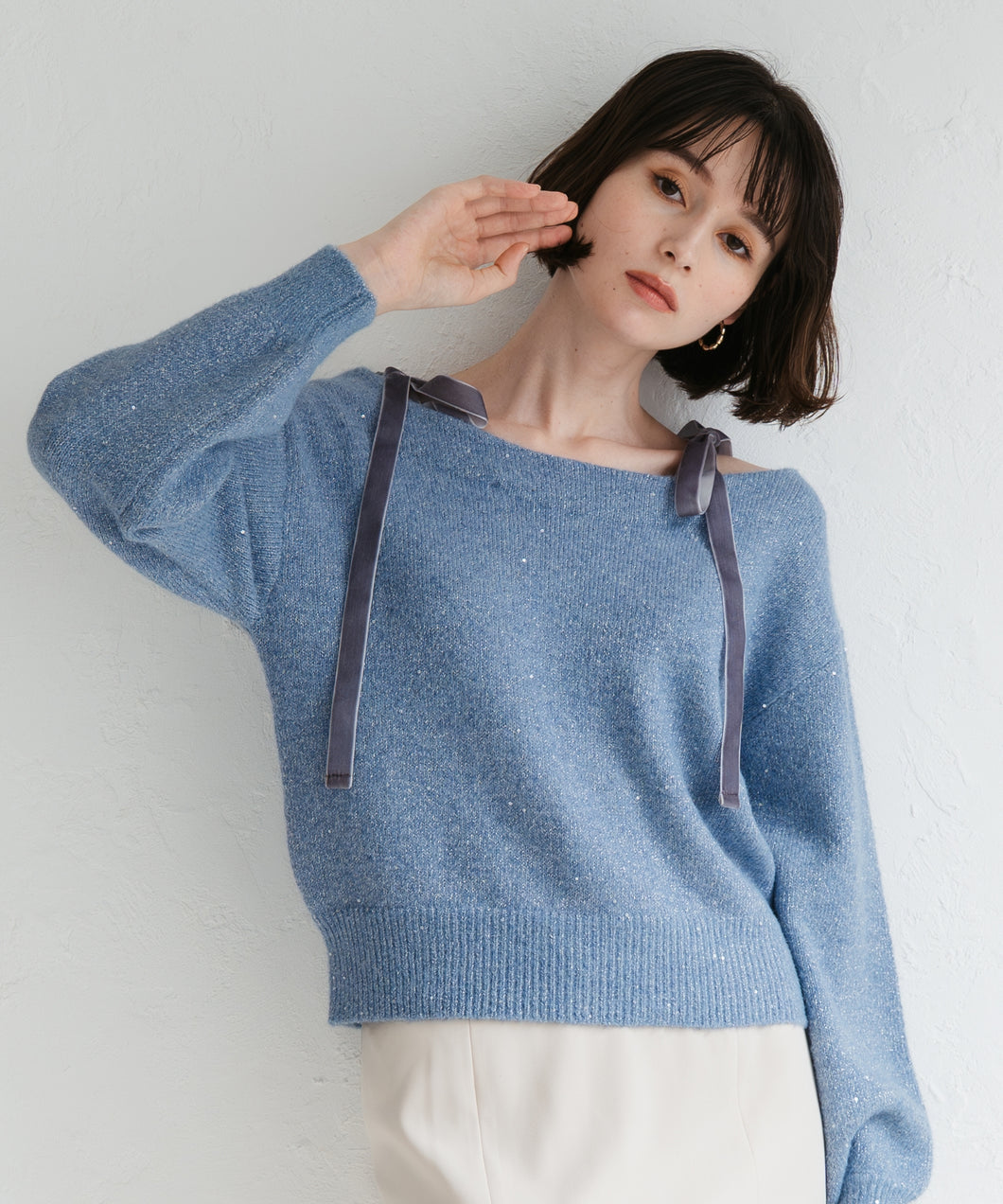 ベロア肩リボンふわふわニット/TT548318