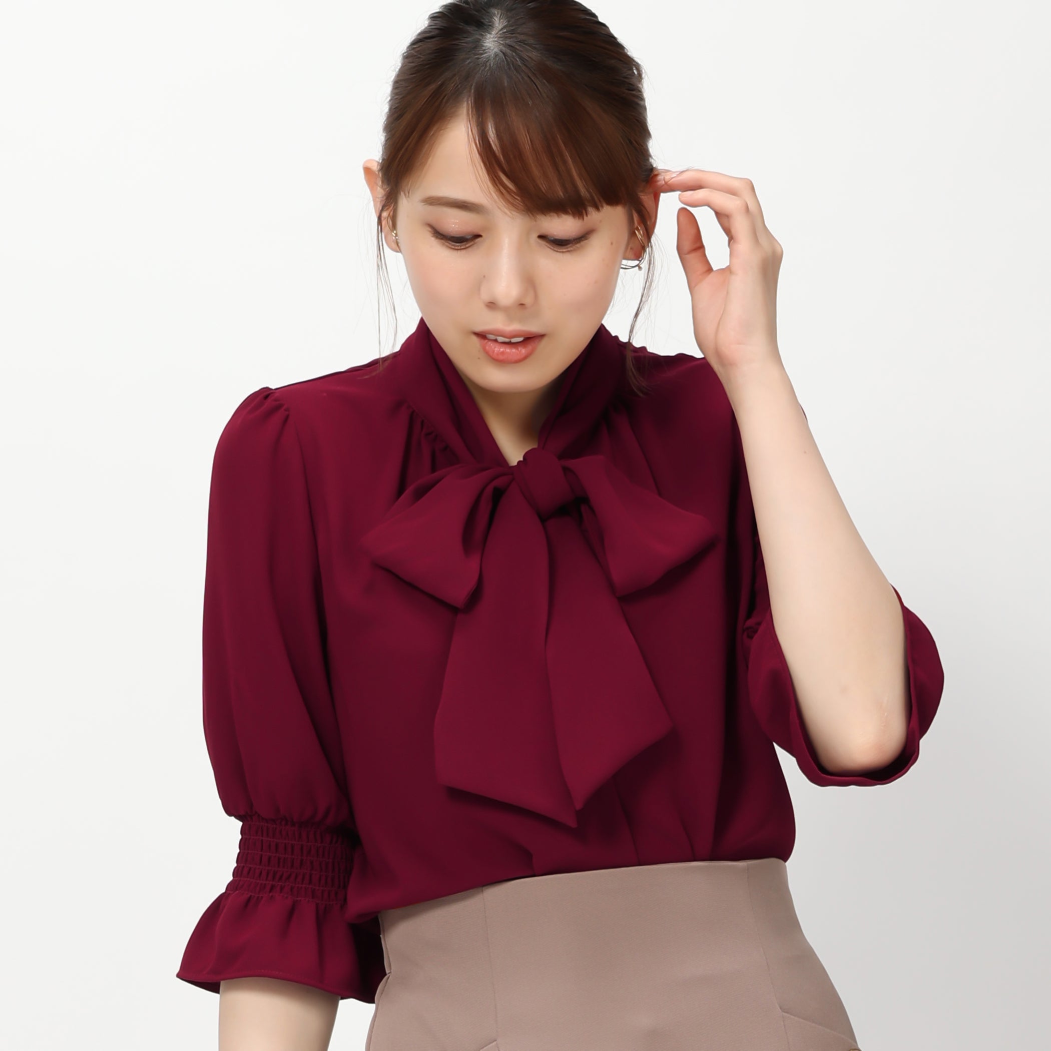 5分袖ボウタイブラウス【期間限定】7/30(日)23:59まで (レッド)