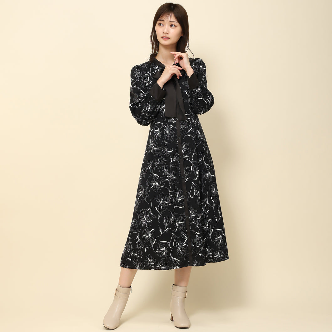 【予約販売商品】バイカラーボウタイフラワーワンピース/MM337423 (ブラック)