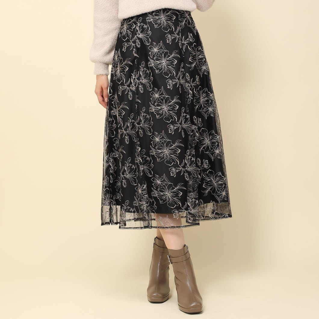 【予約販売商品】刺繍フラワースカート/MM337225 (ブラック)