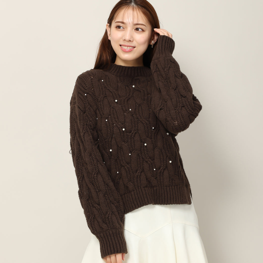 ミドルケーブルパール刺繍ニット/MM338318 (ブラウン)