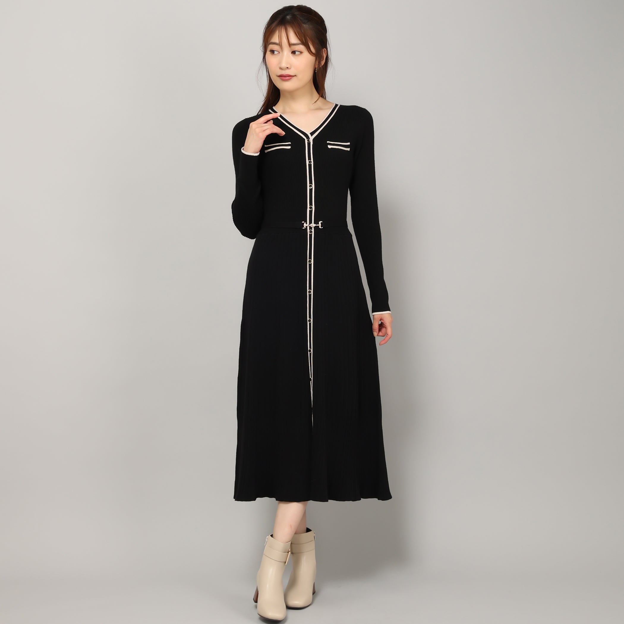 配色プリーツニットワンピース/MM347408 (ブラック)