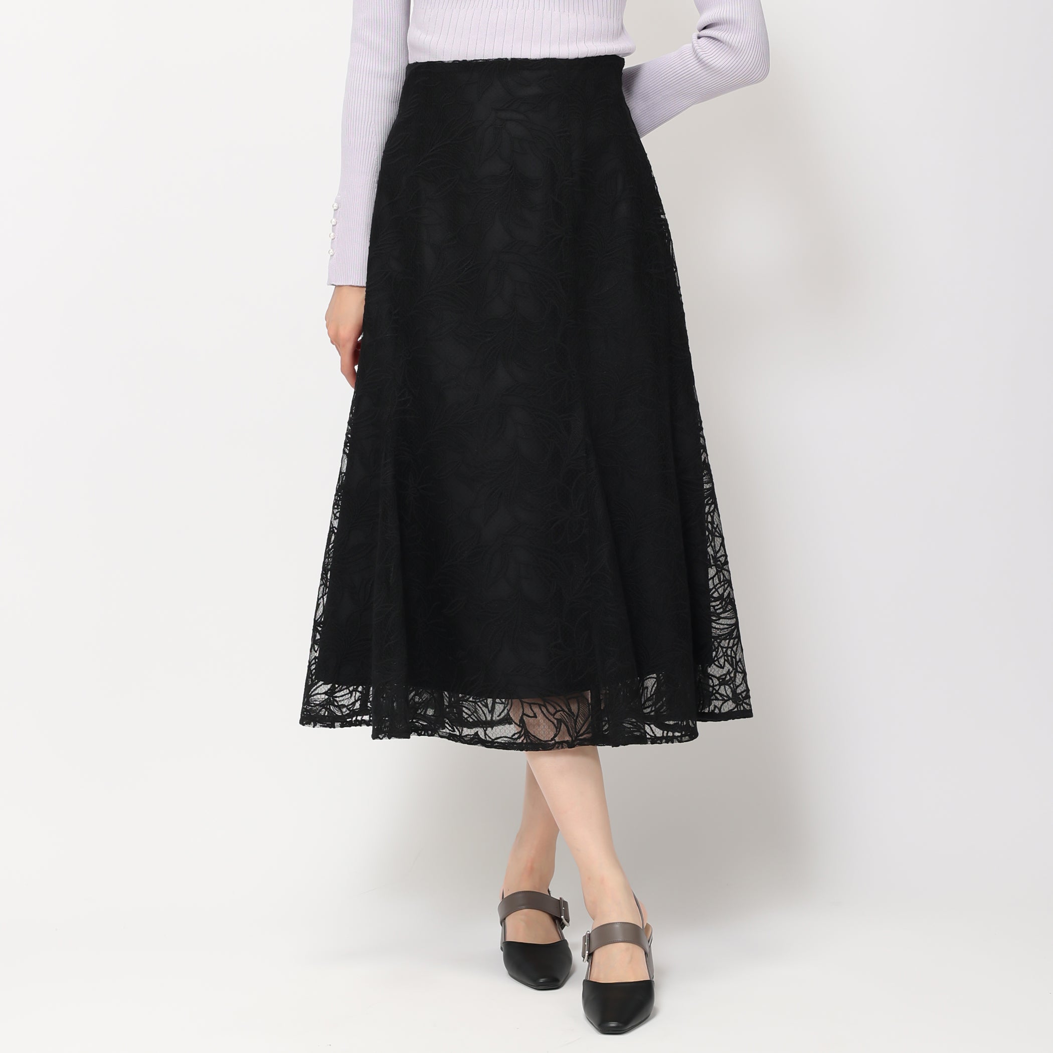【予約販売】フラワー刺繍スカート/MM417211 (ブラック)