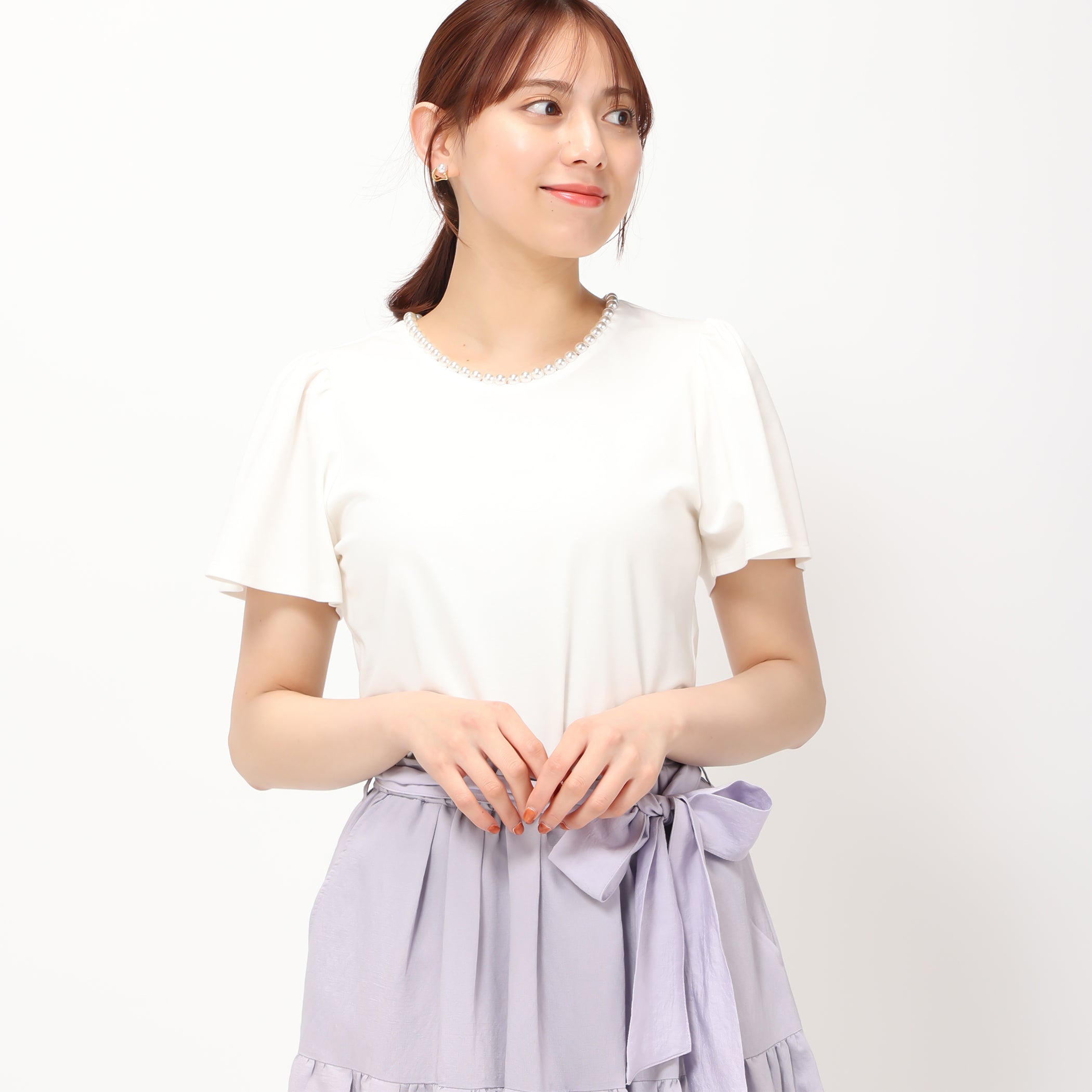 パールトリミングTシャツ/MM418201 (ホワイト)
